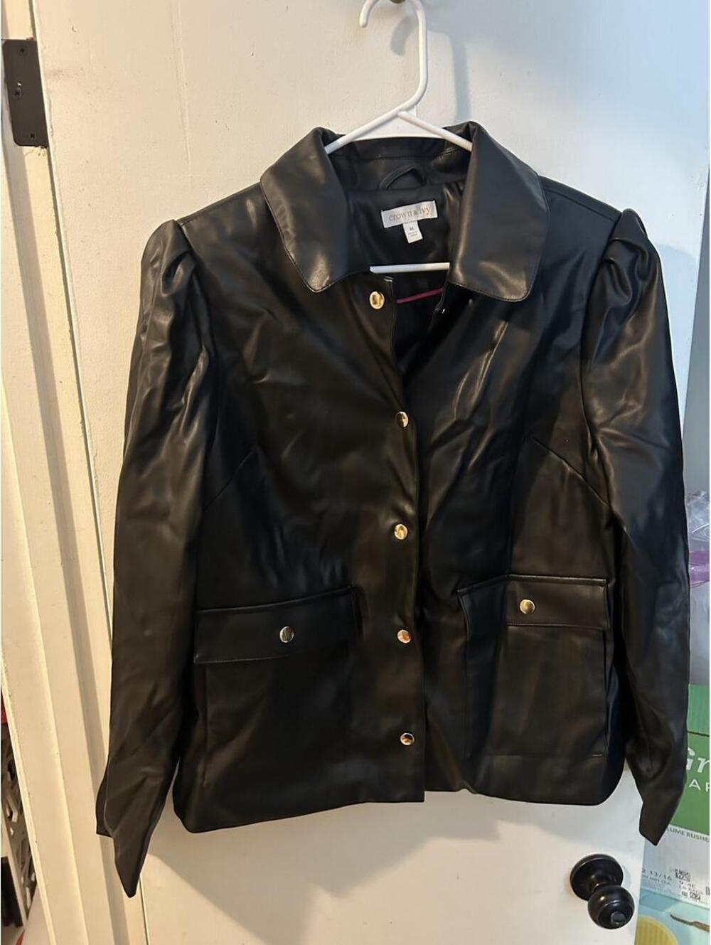 Black Crown and Ivey faux leather jacket with gold buttons and pockets size M